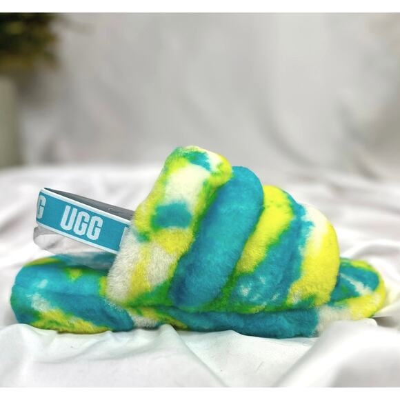 Ugg K Fluff Yeah Slide Marble Oasis Blue Sulphur Kids 6 Womens 8 - Picture 1 of 16